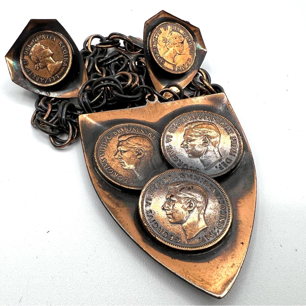Vintage Queen Elizabeth & King George VI Multi Coin Copper Necklace & Earrings